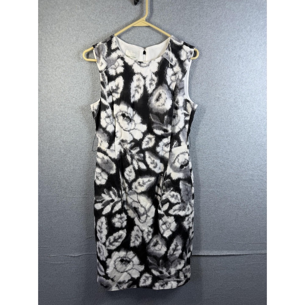 Donna Morgan Dress Womens 6 Black White Floral Linen Sheath Pockets Knee Length